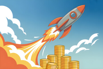 Rocket launching from money stacks symbolizing business growth