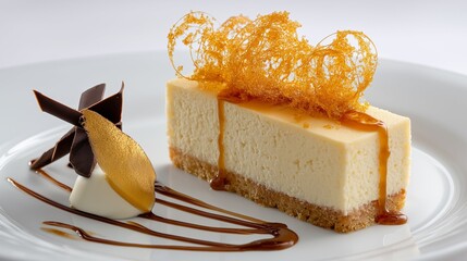 A close up photo of a slice of delicious salted caramel cheese cake on golden crast served on a white porcelaine plate and decorated with caramel syrup, golden sugar leaf , chocolate and spun sugar