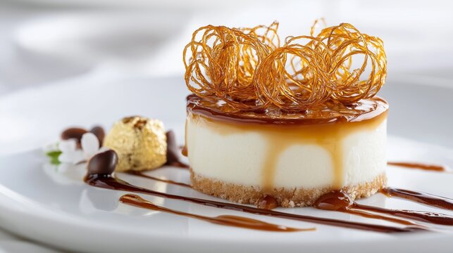 A close up of a round shaped slice of a cheesecake on a golden crust with chocolate ganache on top decorated with golden bonbon, spun sugar and caramel sauce