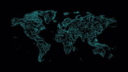 Abstract World Map Glowing Green Lines on Black Background.