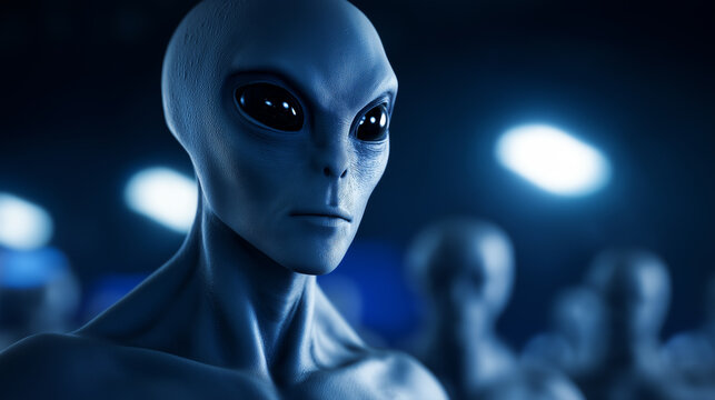 Grey alien figures standing in a futuristic environment symbolizing extraterrestrial life and science fiction.
