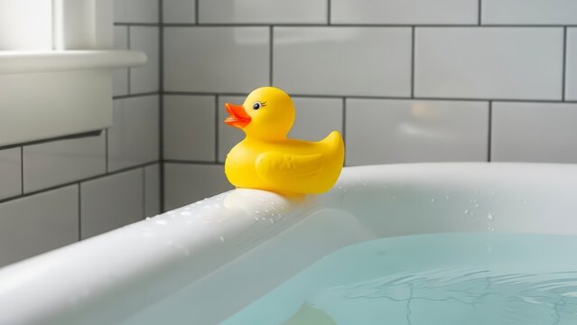 Bright Yellow Rubber Duck Toy Perched on the Edge of a Bathtub with White Subway Tiles.