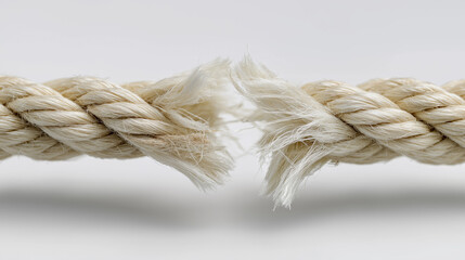 Frayed rope breaking apart isolated on a white background symbolizing failure and separation.
