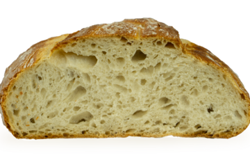 Sourdough bread isolate white background crusty texture golden brown surface fresh bakery loaf sliced half with airy crumb concept of food, bakery, nutrition. 