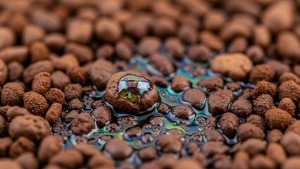 Naklejka premium A detailed close-up shows numerous brown hydroponic clay pebbles, with several shimmering water droplets reflecting iridescent colors, indicating a moist growing environment.