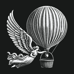 Angel Guiding a Hot Air Balloon: A Vintage Engraving.