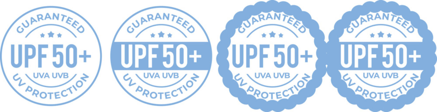 Set of Blue UPF 50+ UVA UVB UV Protection Guaranteed Vector Badges Isolated