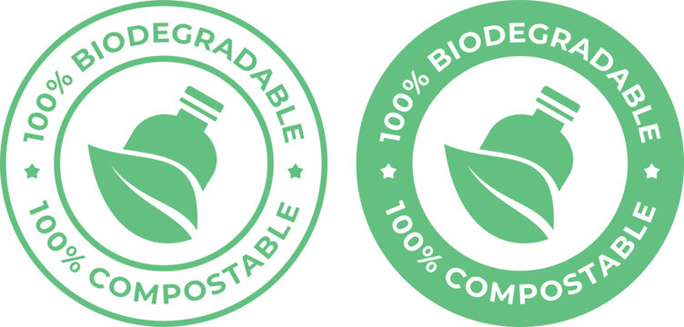 Green Vector '100% Biodegradable' and '100% Compostable' Labels with Eco Bottle and Leaf Icon