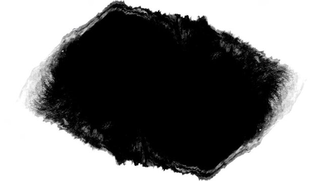 Black ink artistic flow splatter spots on white background, beautiful fluid reveal with dripping streaks, spreading organic ink drops transition luma matte