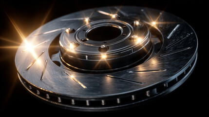 Cinematic close-up of brake calipers with discs and pads, industrial metallic textures, high-contrast lighting, isolated on black background, professional auto repair visual