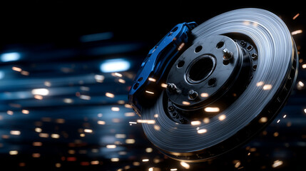 Cinematic close-up of brake calipers with discs and pads, industrial metallic textures, high-contrast lighting, isolated on black background, professional auto repair visual