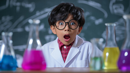 Surprised young boy dressed as a scientist conducting a colorful chemistry experiment in a laboratory.
