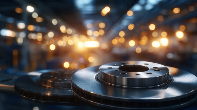 Cinematic close-up of ventilated brake discs, metallic shine and radial grooves visible, warm bokeh background creating depth, professional auto service visual