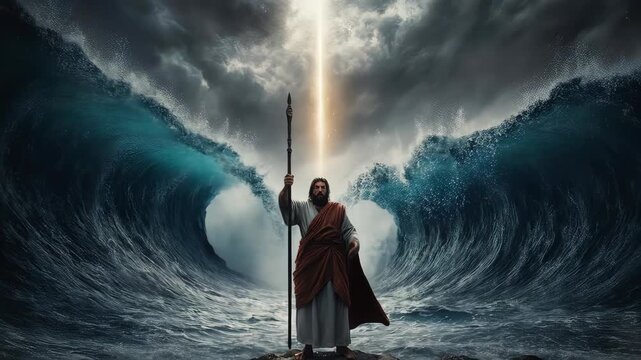 A figure with a staff stands resolute before raging waves