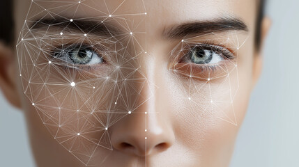 Close-up of a woman’s face with facial recognition grid overlay representing biometric technology and digital identity.
