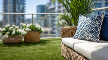 Close-up of modern fenced patio floor and seating, artificial elements like synthetic turf and faux greenery, calm urban retreat aesthetic, shallow depth of field