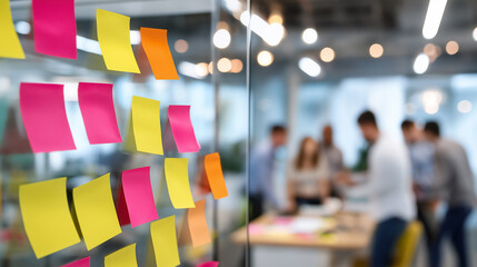 Colorful sticky notes on glass wall during a creative brainstorming session in a modern office.
