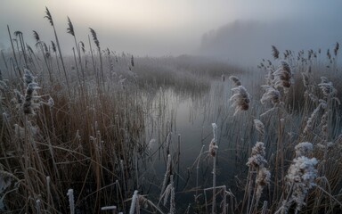 Frosted reeds border a misty winter marsh at dawn with muted light