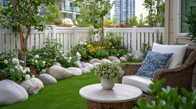 Private apartment patio with artificial grass and decorative stones, fenced-in for privacy, compact table and chair, soft daylight creating a serene relaxation zone