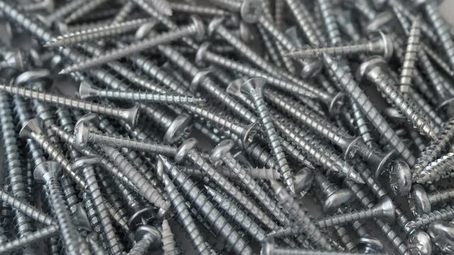 Close-up of multiple metal screws spread on white background surface