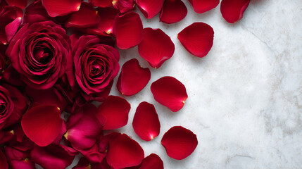 Clean flat lay with deep crimson rose petals arranged asymmetrically, modern minimalist style, soft diffused light, romantic elegance with ample negative space