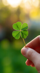 Hand holding green four leaf clover against soft natural bokeh background symbolizing luck.
