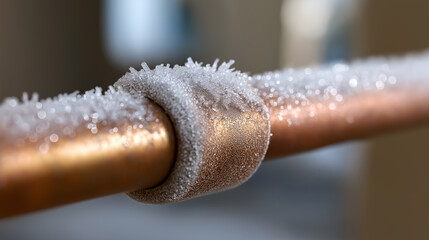 Frozen copper water pipe covered with ice crystals and dripping icicles in winter conditions.
