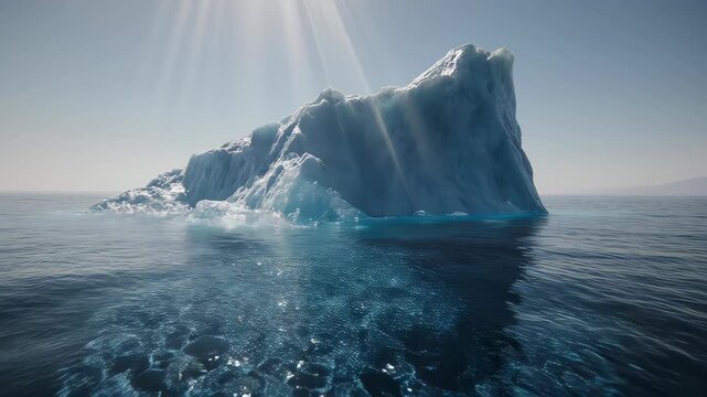 A majestic iceberg rises from serene, reflective waters