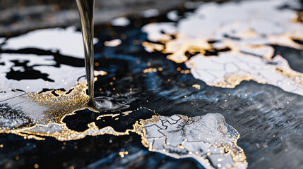 Macro view of glossy crude oil dripping onto a stylized world map, oil pooling around coastlines, reflective surface, symbolizing fossil fuel dependence and ecological crisis