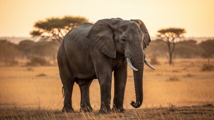 Fototapeta premium Realistic African elephant standing peacefully on an open savannah during warm sunset light, with detailed skin texture, natural colors, and a calm wildlife atmosphere.