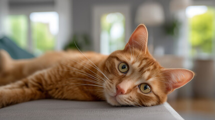Close-up portrait of a relaxed ginger cat lying indoors, symbolizing comfort, calmness, and domestic life.
