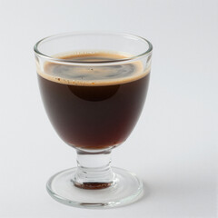 Double-shot espresso in a clear stemmed glass with crema, isolated on a white studio background