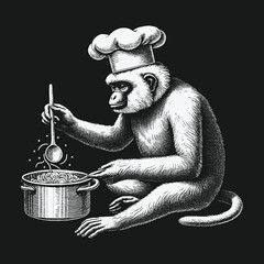 Monkey Chef Stirring a Pot of Food with a Ladle.
