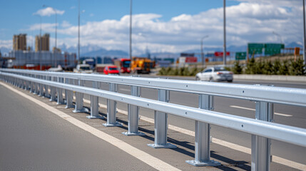 Daylight scene of a newly installed steel guardrail beside a highway, clean industrial design, long leading lines guiding the eye, infrastructure protection and traffic safety them