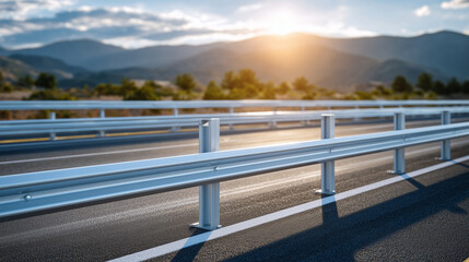 Fototapeta premium Cinematic daylight view of a shiny metal guardrail along an open road, warm sunlight reflections, minimalistic composition, symbol of safe travel and infrastructure investment