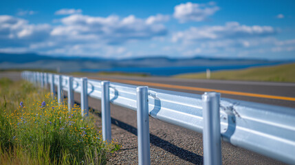 Fototapeta premium Low-angle shot following a metallic guardrail along the road edge, daylight emphasizing texture and durability, transportation safety barrier design concept