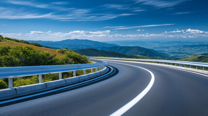 Wide-angle view of a road curving through countryside with a shiny guardrail, strong daylight contrast, symbol of driver protection and thoughtful infrastructure planning