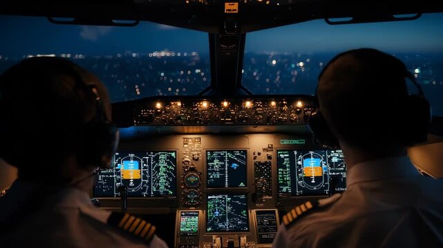 Cockpit view at night with pilots navigating urban lights