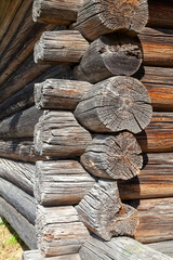 Corner of Wooden Log Cabin with Notched Joint, Close-Up