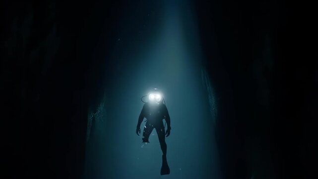 A lone diver illuminated by a beam in dark waters