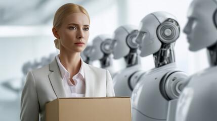 Unemployed woman holding a cardboard box while humanoid robots stand behind her, symbolizing job loss and workforce replacement by artificial intelligence.
