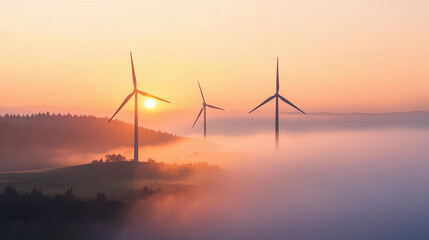 Obraz premium Silhouetted wind turbines emerging from fog at sunrise in a serene landscape Generative AI