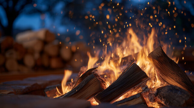 Nighttime shot of glowing wooden logs burning, firelight reflecting on surrounding surfaces, sparks floating in the air, atmospheric and cozy rustic fire scene