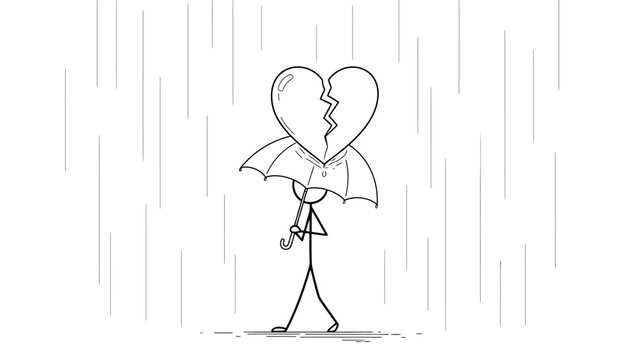 Sad Stick Figure Holding Umbrella Over Broken Heart in Rain, Isolated White Background