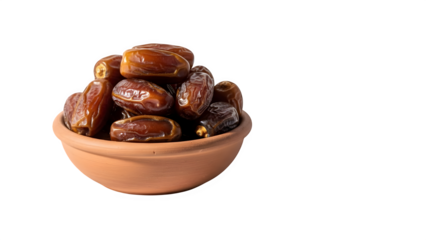 A small terracotta bowl filled with fresh, ripe brown dates isolated on transparent background