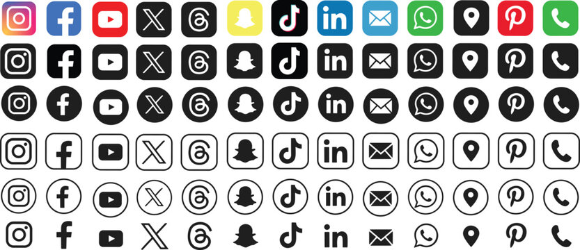Set of Facebook, threads, X, twitter, Instagram, YouTube, snapchat, Pinterest, WhatsApp, LinkedIn, tiktok, Email, phone call and location app Collection social media logo