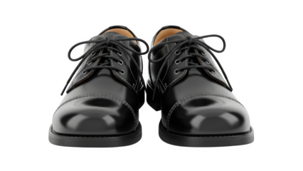 Pair of black leather oxford dress shoes for men, front view isolated on transparent background
