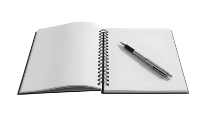 Open spiralbound notebook with blank pages and a ballpoint pen on a transparent background