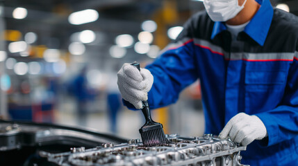 Macro view of person using a soft-bristle brush on metallic engine component, small details of bolts and surfaces visible, workshop tools blurred in background, precision mechanica