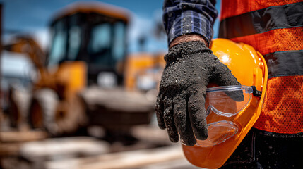 Cinematic close-up of a hand holding orange construction helmet and safety goggles, dirt and wear visible on the hand, industrial site softly blurred in background, safety at work